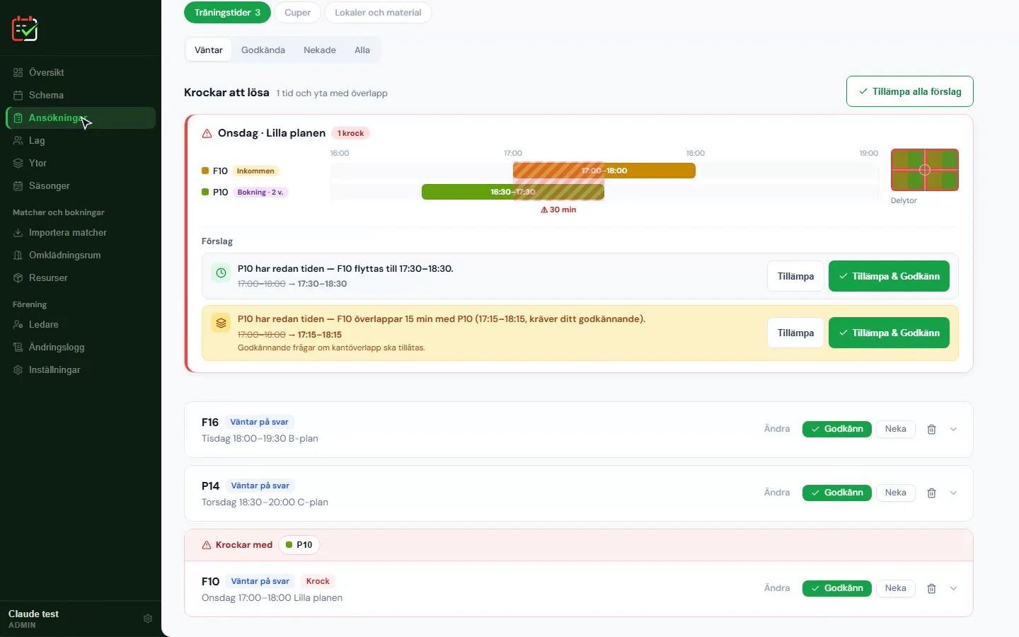 The clash view in Applications (“Ansökningar” in the app): F10’s requested time overlaps P10’s training by 30 minutes, and Planvra suggests a new time with the Apply and Approve button.