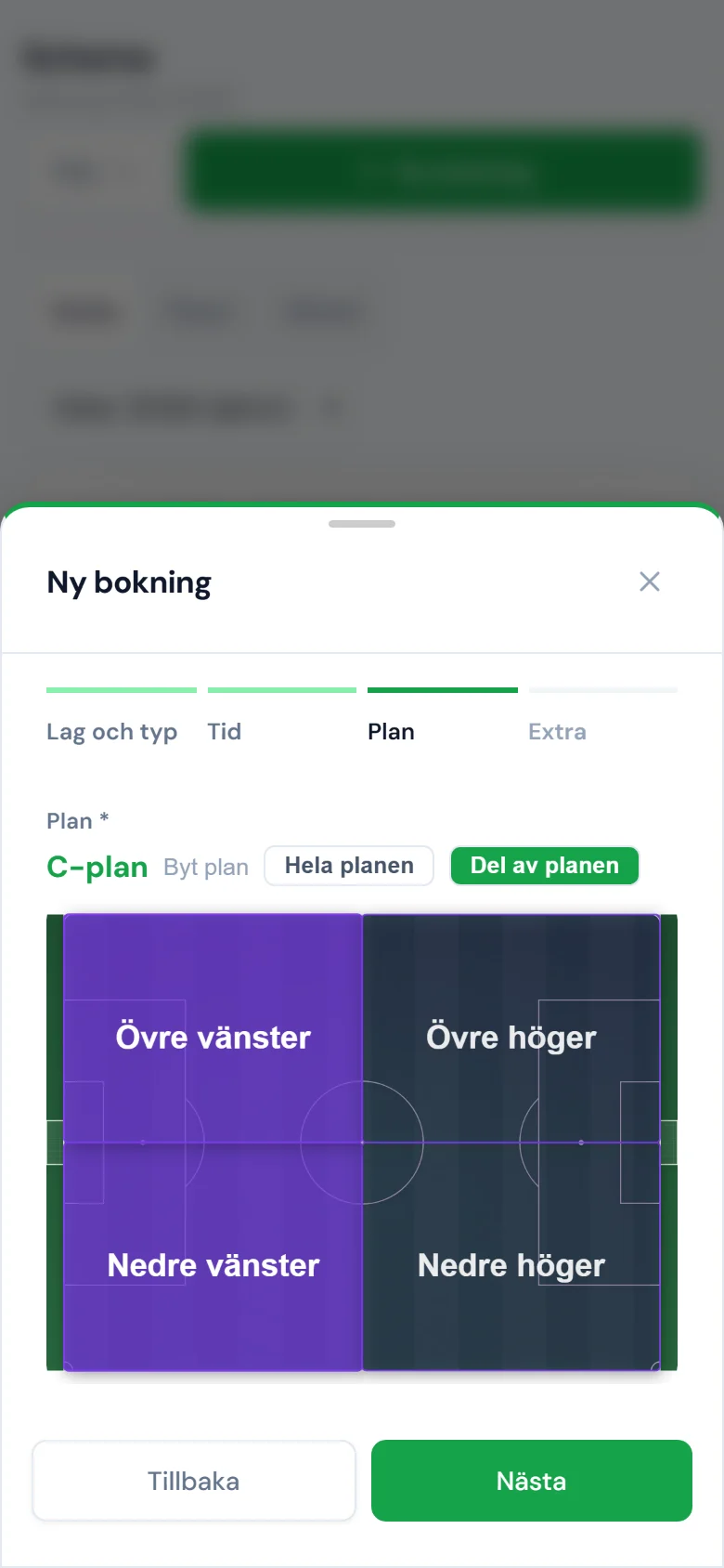 New booking on a phone: pitch C with Part of the pitch selected and the upper-left and lower-left quarters marked.