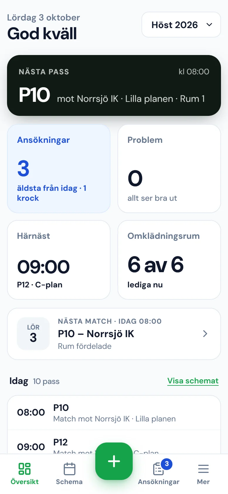 Planvra’s overview (“Översikt”) on a phone: next session, pending applications, free changing rooms and today’s sessions.