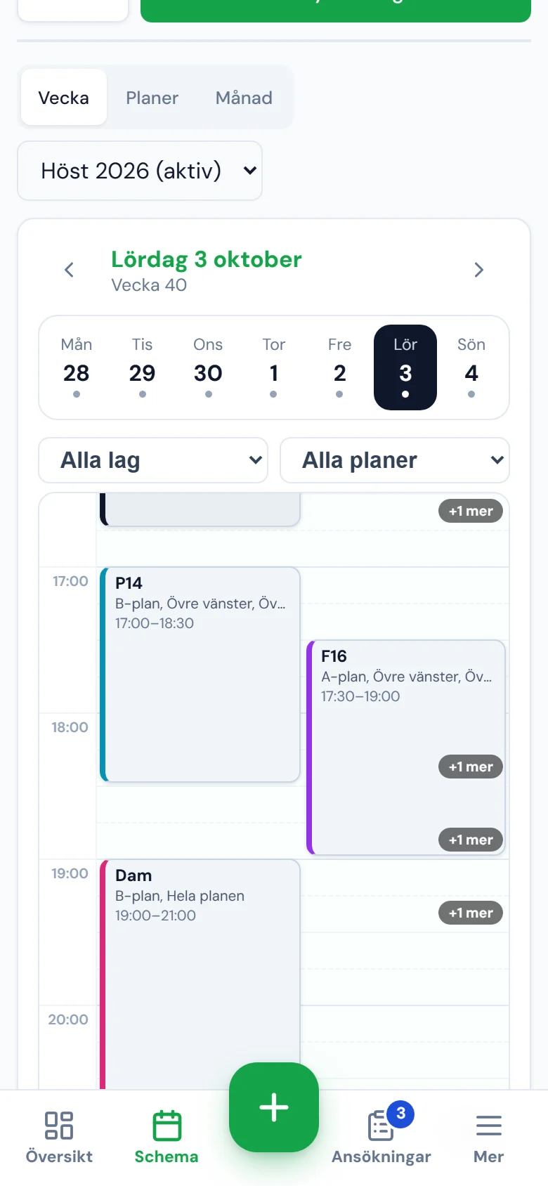 The weekly schedule on a phone for Saturday 3 October, with P14, F16 and the women’s team as blocks on the timeline.